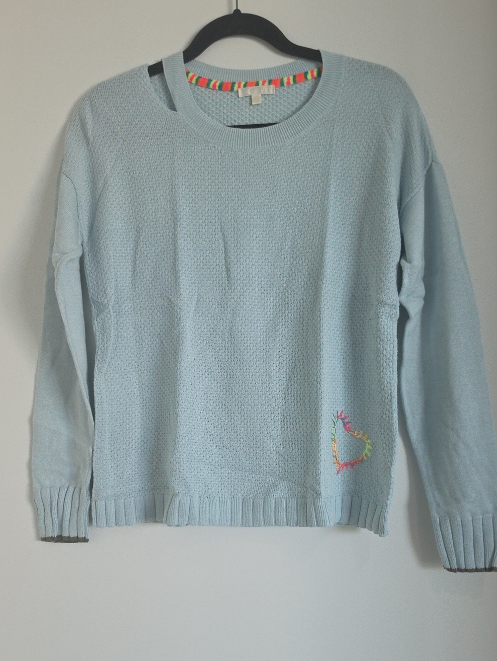 Lisa Todd Light Blue Crewneck Sweater with Multicolor Heart Accent